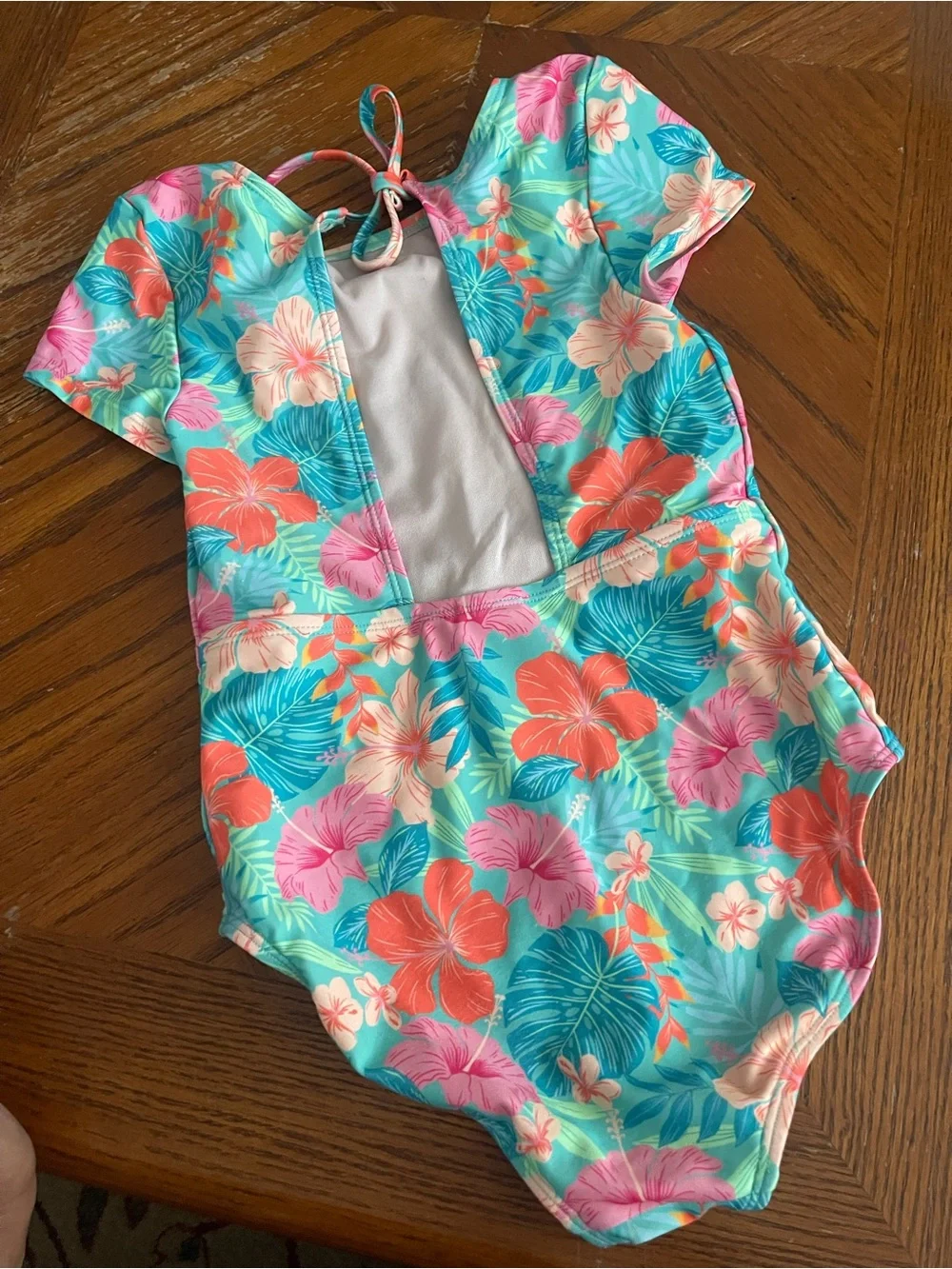 art class Teal One-Piece with Coral and Pink Hibiscus